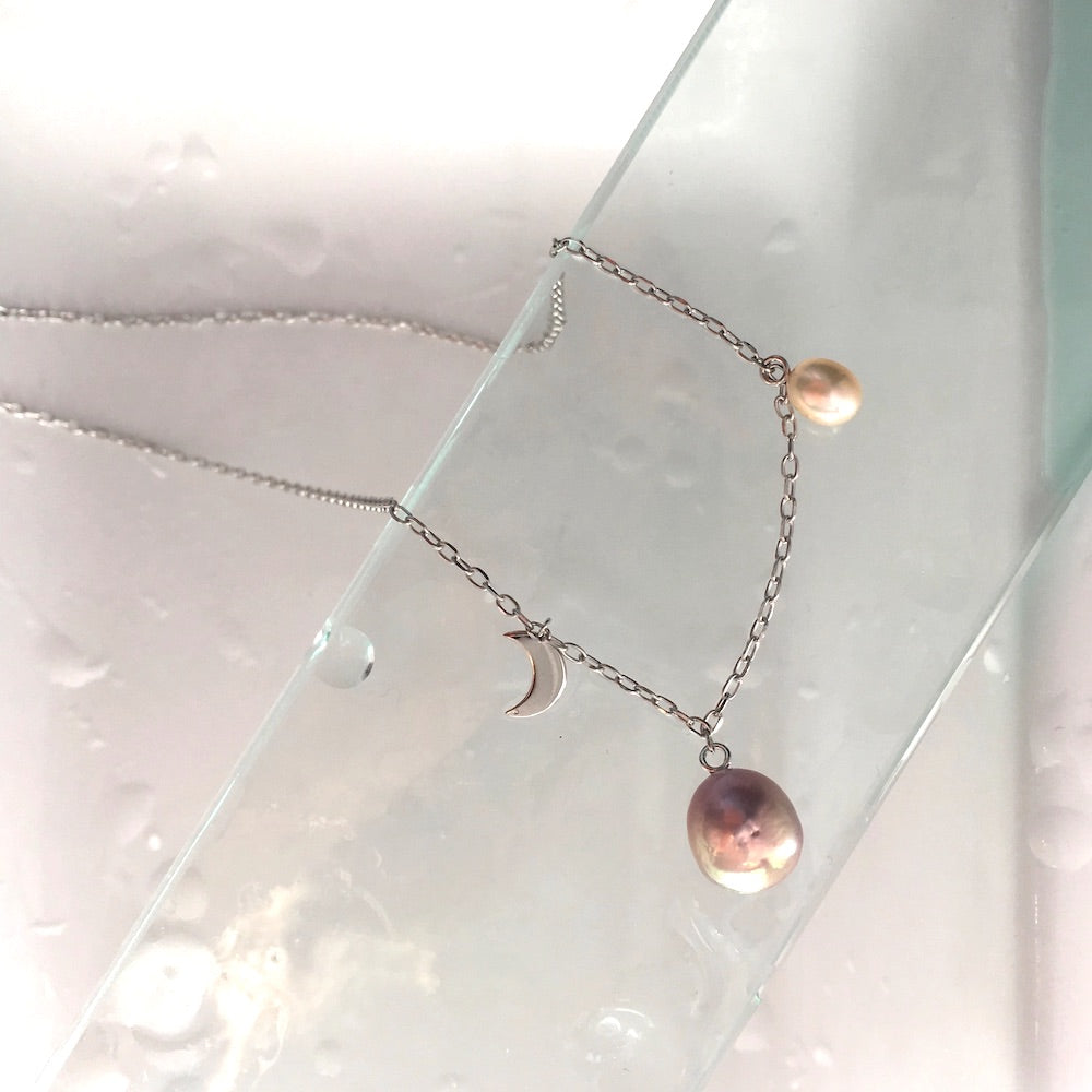 LUNA Baroque Pearl Necklace with Moon Pendant MERMAID STORIES